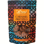 Package of caramel pretzels in a colorful patterned bag