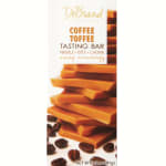 Coffee toffee chocolate bar package with stacked toffee pieces and coffee beans