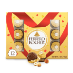Box of Ferrero Rocher chocolates with gold-wrapped candies and heart graphics
