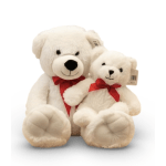 Two white teddy bears with red bows on a white background