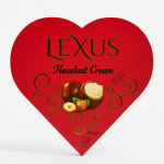 Heart-shaped red box of Lexus hazelnut cream chocolates