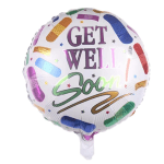 Round foil balloon with colorful bandage graphics and "GET WELL SOON" text