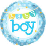 Blue baby boy foil balloon with polka dots and banner text