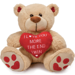 Plush teddy bear holding a red heart pillow with love text