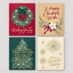 Set of four Christmas greeting cards with wreath and tree designs