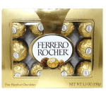 Box of Ferrero Rocher hazelnut chocolates in gold packaging