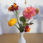 Pink, yellow, and red flowers in a white vase