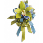 Green orchid corsage with blue accent flowers and blue and green ribbons