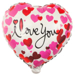 Heart-shaped balloon with pink and red hearts and the words "I love you"