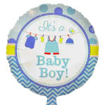 Round foil balloon reading "It's a Baby Boy!" with baby clothes graphics