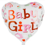 Heart-shaped balloon with "Baby Girl" text and floral accents