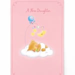 Pink baby card with a sleeping bear and the words A New Daughter