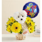 White floral dog arrangement with yellow daisies and a Get Well Soon balloon in a basket