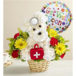 White flower dog arrangement in a basket with a Get Well Soon balloon