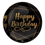 Black birthday balloon with gold lettering and geometric lines