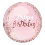 Pink birthday balloon with gold confetti dots and text
