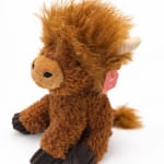 Brown plush buffalo toy with horns on a white background