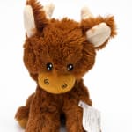 Plush brown-and-cream stuffed moose with a tag on a white background