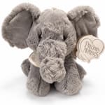 Gray plush elephant toy with a hanging tag