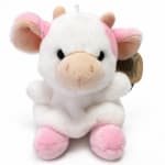Plush pink-and-white cow toy with a tag on a white background