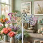 Blurred birthday sign with colorful flower arrangements in a room