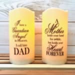 Two memorial candles with text for dad and mother