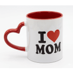 White mug with red heart handle and "I ♥ MOM" text