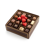 Box of assorted chocolates with red foil heart candies