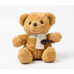 Plush teddy bear holding a spoon and wearing a numbered scarf