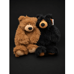 Two plush teddy bears, one brown and one black, sitting side by side