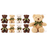 Assorted teddy bears with satin bows on a white background.
