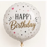 Round white birthday balloon with gold and black lettering
