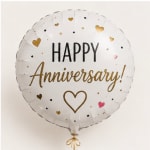 Round white balloon with "Happy Anniversary!" text and heart accents