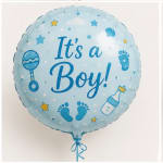 Blue baby shower balloon reading "It's a Boy!"