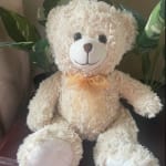 Cream teddy bear with an orange ribbon bow