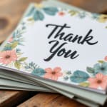 Thank you card with a floral border on a wooden surface