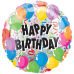 Round birthday balloon with colorful balloons and "HAPPY BIRTHDAY" text