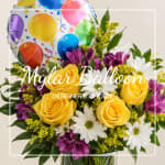 Bouquet of yellow roses, white daisies, and purple flowers with a balloon