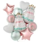 Cluster of pastel birthday balloons with star shapes and printed messages
