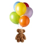 Teddy bear holding a bunch of colorful balloons