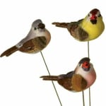 Three decorative bird picks on thin stems against a white background