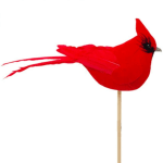 Red cardinal decoration on a stick against a white background