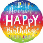 Round rainbow birthday balloon with "Happy Birthday" text