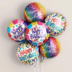 Cluster of colorful Happy Birthday balloons on sticks