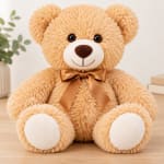 Plush teddy bear with a satin bow sitting on a tabletop