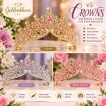 Decorative jeweled tiara shown in gold, silver, and rose gold finishes