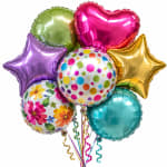 Cluster of colorful foil balloons in star, heart, and round shapes