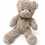 Plush teddy bear with a plaid ribbon bow on a white background
