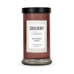 Jar candle labeled Hot Maple Toddy with a black lid