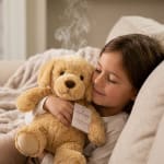 Child cuddling a plush dog with a hanging tag on a bed
